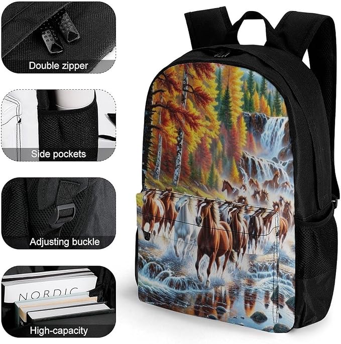 Supdreamc Polyester Daypack for Hiking Work Running, Big Capacity Anti-Theft Multipurpose Shoulder Bag, Beautiful Horses Running In River Waters Travel and Sport Backpack Rucksack