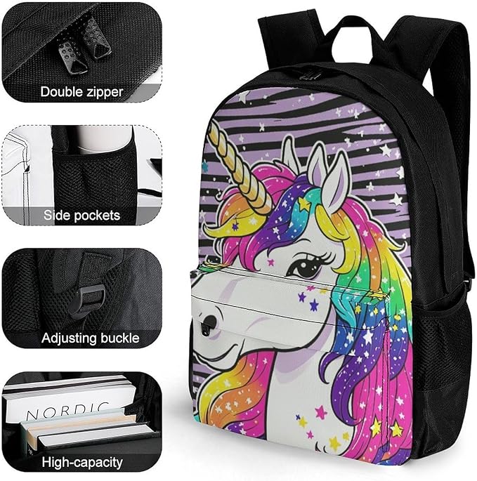 Daypack Backpack Multipurpose Anti-Theft Large Capacity Bookbag, Unicorn Black Stripes Travel Hiking Camping Rucksack With Adjustable Shoulder Straps