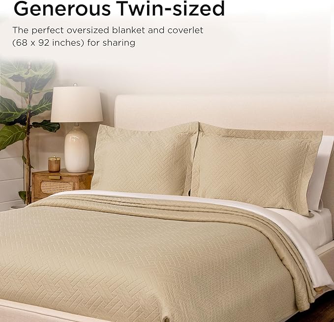 Threadmill Luxury Cotton Blankets for Twin Size Bed | All-Season 100% Cotton Twin Blanket for Bed | Criss Cross Jacquard Lightweight, Soft & Cozy Coverlet, 350GSM, 68 x 90 inches | Beige