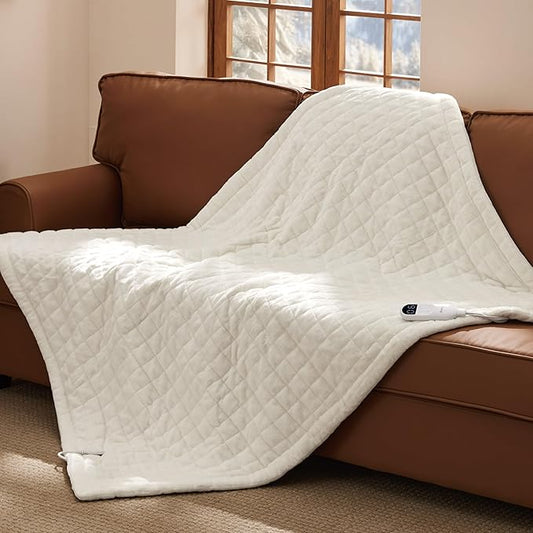 Bedsure Heated Blanket Throw Blanket - Quilted Electric Blanket, Soft Flannel Thick Heating Blanket with 4 Time Settings & 6 Heating Settings, Warm Gifts for Women Men (50x60 inches, Ivory)
