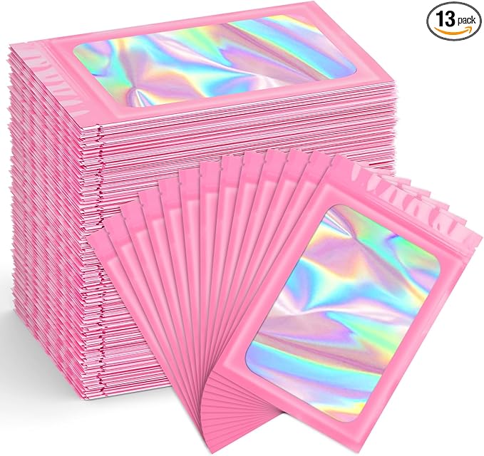 Funfery 300 Pack Smell Proof Resealable Bags for Food Storage,Holographic Bags 4x6 Pink Mylar Clear Packaging Bag- Scent Proof for Cookies, Zip Foil Pouch for Small Business