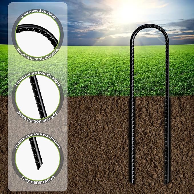 U Shaped Rebar Stakes 12 Inch Heavy Duty Ground Anchors (Pack of 8 Black) Ground Stakes Galvanized Steel, Trampoline Tie Down Anchor, Heavy Duty Stakes for High Wind