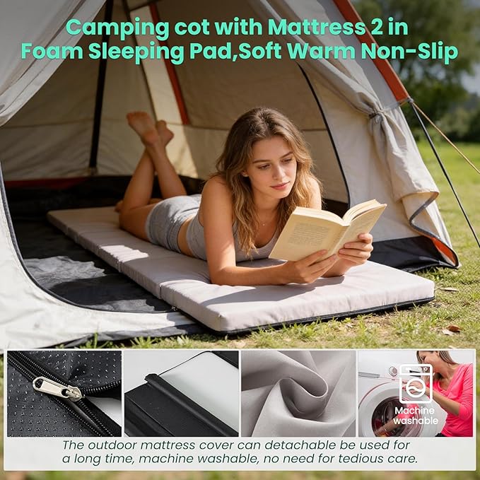 LILYPELLE Folding Camping Cot, Extra Wide Heavy Duty Sleeping Cots with Carry Bag, Double Layer Oxford Portable Travel Camp Cots for Home, Office Nap and Outdoor Beach