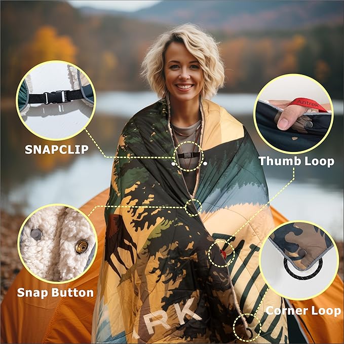 Sherpa Puffy Outdoor Blanket for Camping, Traveling, Car, Picnics, Beach, Concert, Stadium Sporting Events - Wearable, Machine Washable, Soft, Warm, Waterproof - 55 X 78 (Yellowstone NP)
