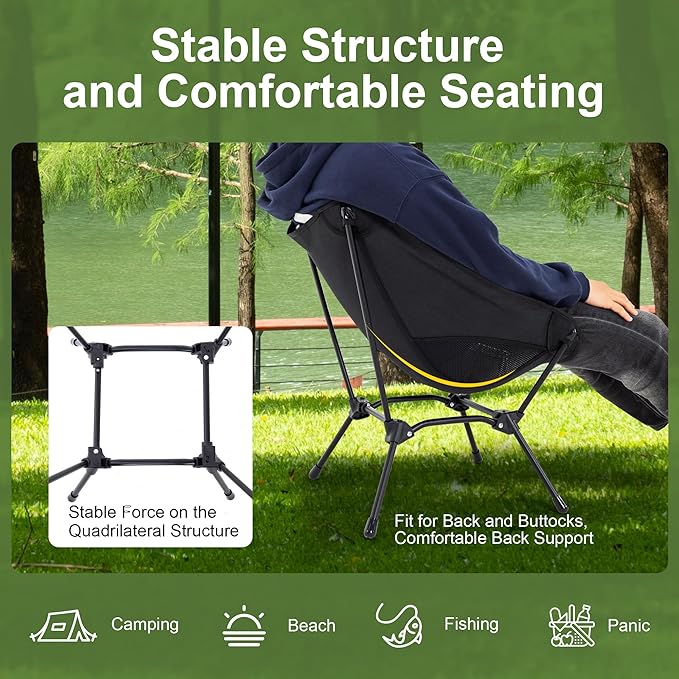 Camping Chair Portable Lightweight Camping Chairs for Adults Foldable 600D Oxford Ultralight Backpacking Chair with Breathable Mesh and Pocket for Outdoor Travel Hiking, Black