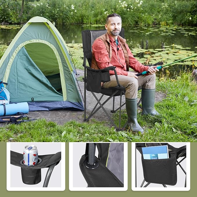 Folding Camping Chairs for Adults, Padded Folding Chairs for Outside Heavy Duty with Cup Holders & Side Pocket, Support up to 500 lbs, Black