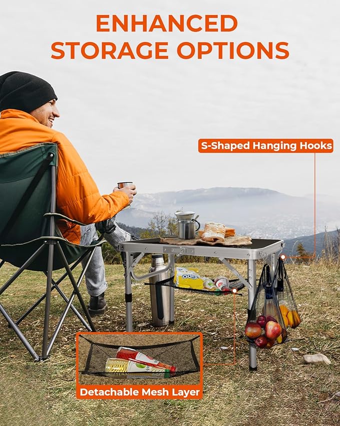 Sportneer Folding Table: Adjustable Height Camping Essentials 23.6" L x 15.7" W 2 Height with Mesh Layer - Compact & Portable Small Folding Table for Outdoor Camp Garden Picnic BBQ Dining Cooking