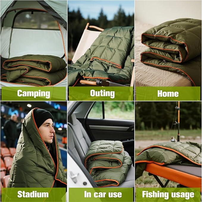 Down Camping Blanket - Lightweight Packable Warm Puffy Travel Quilt with Footbox, Waterproof Outdoor Blankets for Hiking, Travel, Hammock & Stadium Down Quilt, Olive, 1lb 1oz / 77''*52''