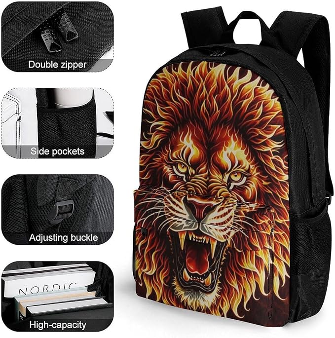 Lightweight Rucksacks for Camping Picnic Walking Cycling, Large Capacity Multipurpose Anti-Theft Carry On Bag, Fierce Wild Animal Angry Fire Travel Hiking Camping Rucksack