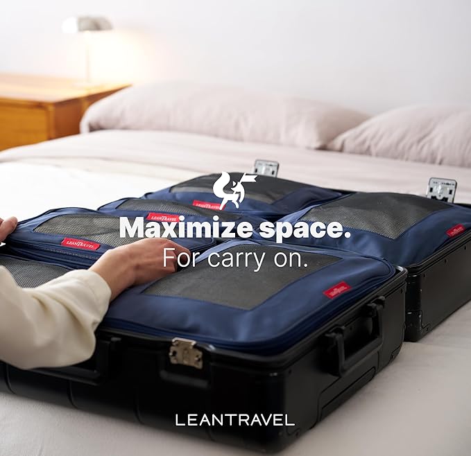 LeanTravel Premium Compression Packing Cubes for Travel - Luggage Organizers with Double Zipper - Sturdy Bags for Suitcase (3-Pack, Navy Blue)