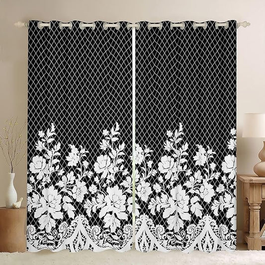 Manfei White Floral Blackout Curtains Boho Vintage Flower Window Drapes,Black Diamond Grid Print Window Treatments,Kids Boys Girls Room Decor,Grommet Top 2 Panel Set Bedroom Curtains, 38Wx45L inch