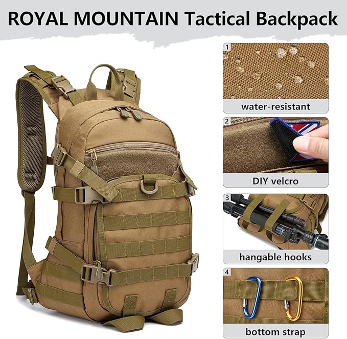 25L Small Tactical Backpack For Men, Military Waterproof Backpack With Multiple Pockets, 3-Day Bug Out Bag Molle Military Backpacks For Camping, Hiking, Traveling (Khaki)