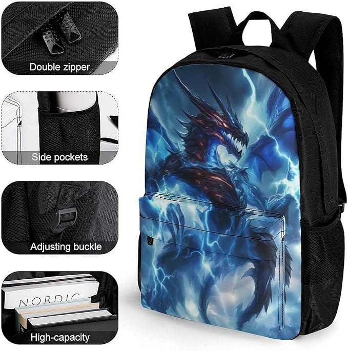 Men Women Lightweight Cool Blue Lightnings Dragon Art Backpack Large Capacity Bookbag With Smooth Zippers for Gym Business Running