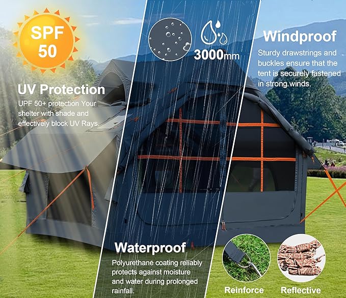 Inflatable Tents for Camping with Stove Jack, 2/4/6/8 Person Easy Setup Blow Up Tents for 4 Seasons Waterproof Inflatable Camping Tent with Awning, Air House Glamping Tents for Camping Adult