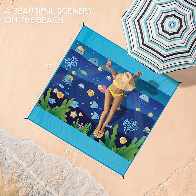 BYDOLL Beach Blanket Waterproof Sandproof Large 78''×81''/10'×9' Sand Free Oversized Sandless Picnic Mat Water Proof Packable Lightweight Blanket for Beach Camping Hiking Travel