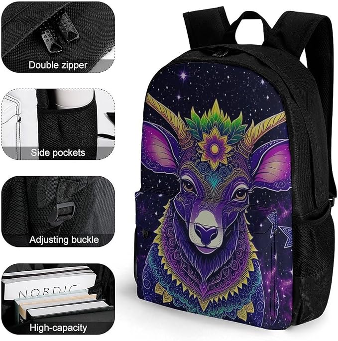 Men Women Polyester Colorful Cow Deer Galaxy Art Casual Daypack Large Capacity Carry On Bag With Adjustable Shoulder Straps for Camping Work Running
