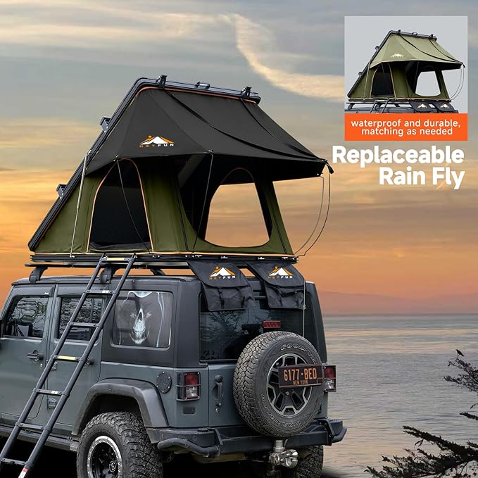 Adventurer Pro Rooftop Tent Hard Shell with USB Outlet, Side Awning, Replaceable Rain Fly&Luggage Racks for 4 Season Camping, Aluminum Pop Up 2-3 Person Roof Top Tent for Truck Jeep SUV Van Trailer