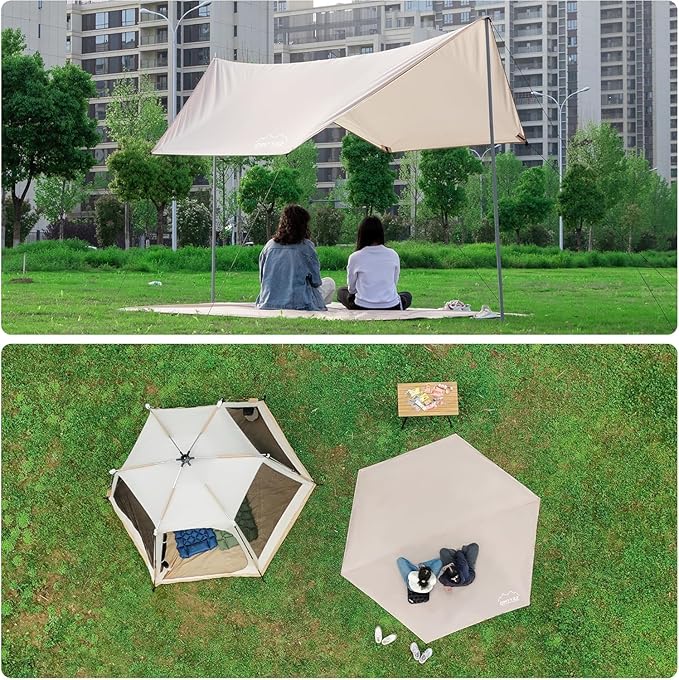 ONTYZZ Hexagonal Tent Footprint Waterproof Camping Tarp Two in One Ground Sheet Mat and Tent Tarp for Camping Outdoor Hiking Beach Picnic, Khaki