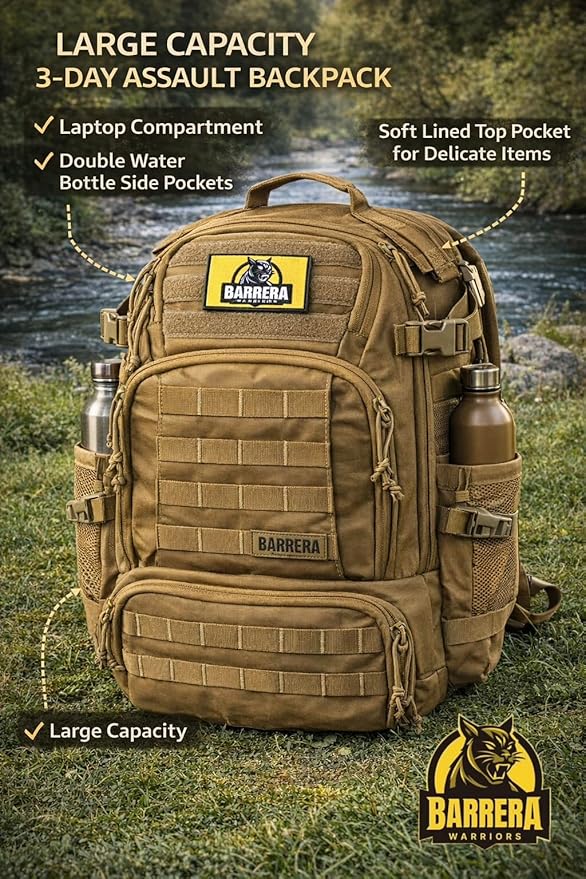 50L Tactical Backpack Military Rucksack - Heavy Duty 1000D Waterproof MOLLE Backpack, Large Capacity 3 Day Assault Bag for Camping, Hiking, Survival, Bug Out Bag (Coyote Brown/ Tan/ Military Tan)