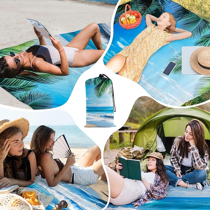 Beach Blanket Waterproof Sandproof, Palm Tree Oversized Extra Large Picnic Mat 83"×95"/8 × 7 FT for 1-7 Adults for Travel Camping Hiking, Quick Drying Lightweight Outdoor Beach Vacation Essentials