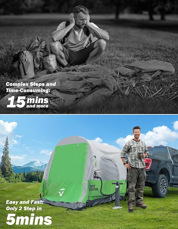 JOYTUTUS Inflatable Truck Bed Tent 5.5-6.5FT with Awning, Includes Air Pump for Quick 30S Setup, Dual-use Pickup or Camping Tent for 2 Person, Truck Tent with Waterproof Roof Shade and 3 Windows
