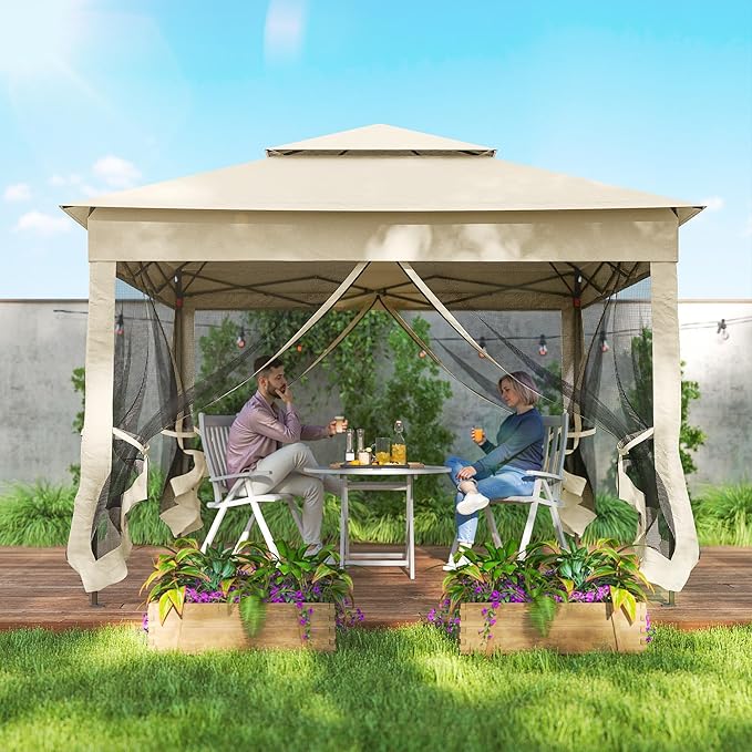 Outsunny 11' x 11' Pop Up Canopy, Outdoor Patio Gazebo Shelter with Removable Zipper Netting, Instant Event Tent w/ 114 Square Feet of Shade and Carry Bag for Backyard, Garden, Beige