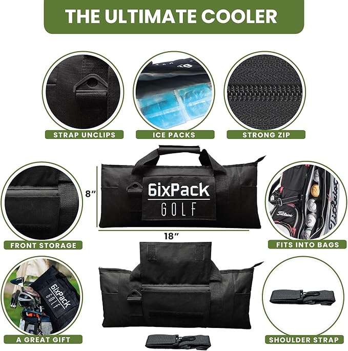 Golf Cooler Bag Plus 2 Ice Packs - HD Closed Cell Insulation Keeps Drinks Cold for Hours - Holds 6 Cans - Fits Discreetly in Golf Bags - Includes Cary Strap - Golf Accessories for Men