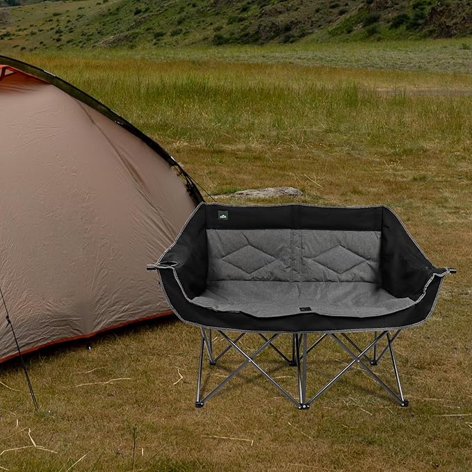 Northroad Folding Loveseat Camping Chair Portable Double Duo Full Padded Garden Sofa Chair for 2 Person w/ 2 Cup Holder,Wine Glass Holder,Support 600lbs for Outdoor Travel (Black)
