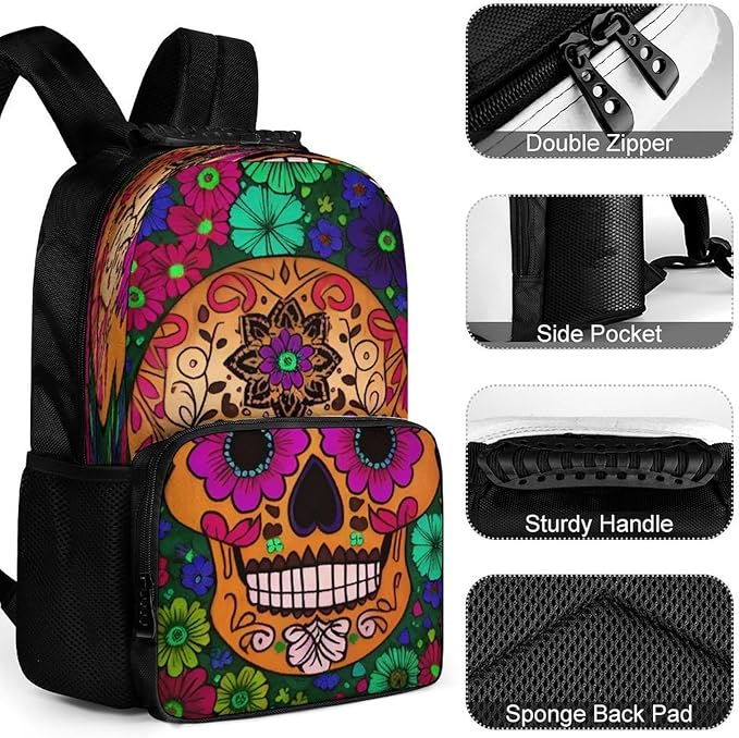 Daypack Backpack Polyester Multipurpose Anti-Theft Grunge Mexican Sugar Skulls Day Of The Dead Flowers Art Shoulder Bag Big Capacity Gym Outdoor Hiking Backpack With Smooth Zippers