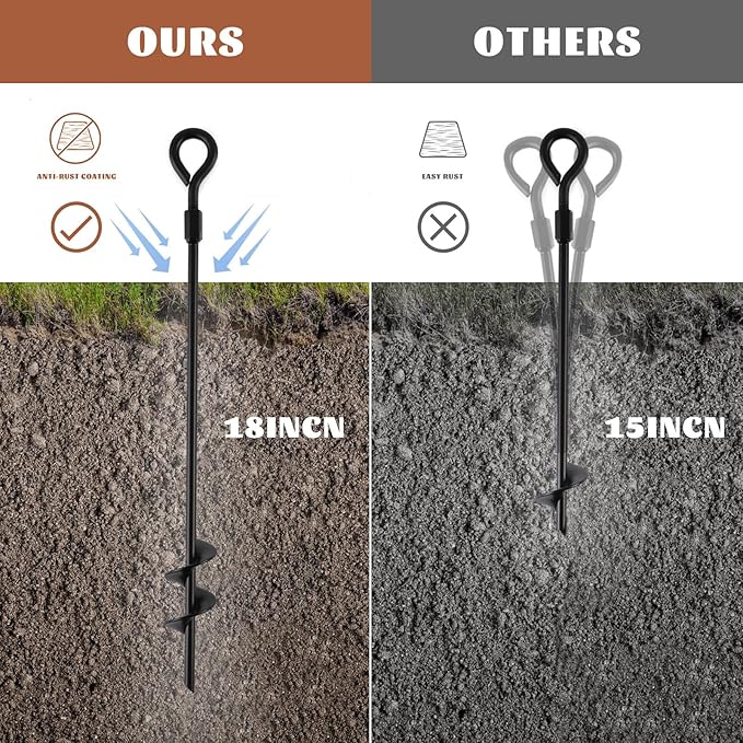 MIXXIDEA18 Inch Ground Anchors Screw in Folding Ring Spiral Metal Ground Stakes Dog Tie Out Stake Spiraling Anchor Trampoline Anchors for Tent (black-8pk)