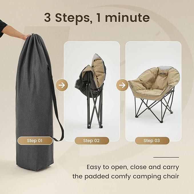 Oversized Padded Comfy Camping Chair for Adults, Portable Padded Lawn Chair, Weight Capacity 450 LBS, Heavy Duty Moon Leisure Folding Chair for Camping, Hiking, Carry Bag, Beige (2 Pack)