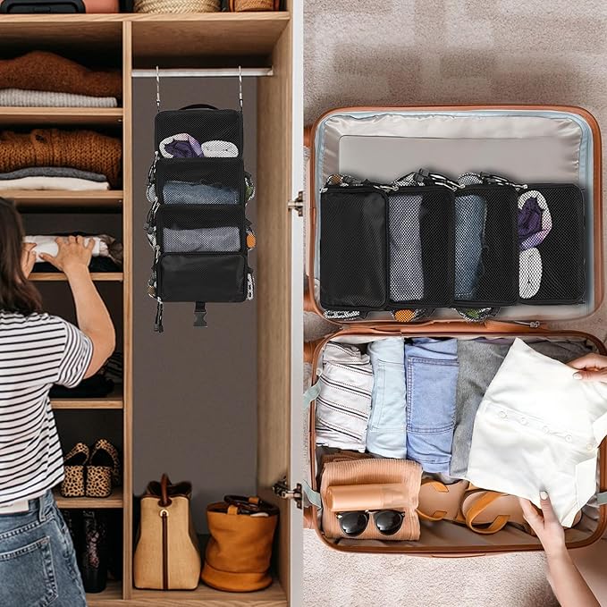 Surblue Travel Hanging Packing Cubes with 2 Hooks Hanging Shelves for Luggage Organizers Portable Compression 4 Shelf Closet Carry-on Suitcases Organizers, Small, Black