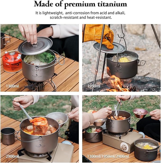 iBasingo 3-Piece Titanium Pot Set (1.3L+1.95L+2.9L) with Lids Ultralight Camping Cookware for Backpacking, Hiking & Outdoor Cooking, Nesting Backpacker Pots with Measurement Marks Ti2056C