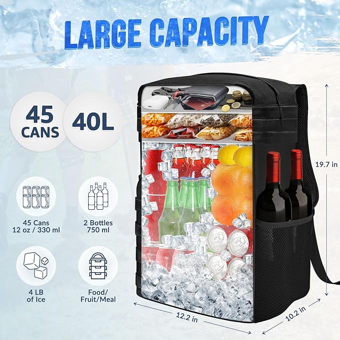 Cooler Backpack Insulated Camping Bag - AUTOWT 45 Can Soft Cooler Bag Large Capacity Leakproof with Widend Top Handle, Portable Beer Bags for Men Women Hiking Picnics Beach Travel