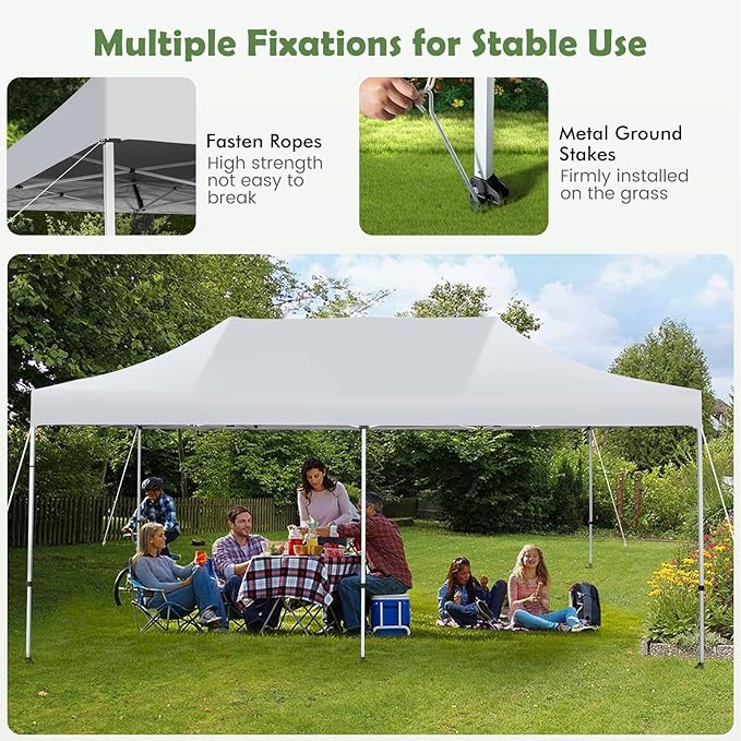 Tangkula 10x20 Ft Pop Up Canopy, UPF 50+ Easy Setup Instant Canopy Tent with 1-Push Center Lock, Wheeled Bag, 8 Stakes, 4 Ropes, Outdoor Commercial Sun Shelter Tent for Camping, Travel, Picnic
