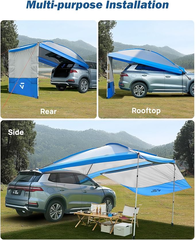 JOYTUTUS Versatile Vehicle Awning with 3 Removable Sides, Large Car Awning 11.5FT * 7.9FT, UV50+ and Waterproof PU2000mm Truck Canopy, SUV Camping Sunshade with 8 Storage Pockets, Gray Blue
