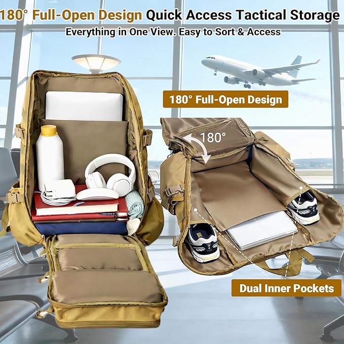 Lightweight Tactical Backpacks with Laptop Compartment for Men 40L EDC MOLLE Military Style 17 in Computer with Cup Holder Travel Hiking Daypack (Khaki)