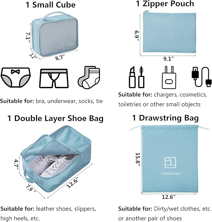 tianzong 7-piece Set Packing Cubes, Travel Bags for Luggage, Packing Organizers with Shoe Bag (Sky Blue)