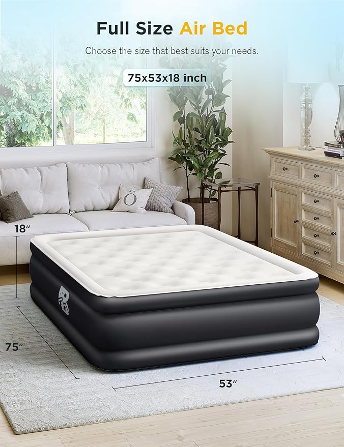 Full Size Air Mattress with Built-in Pump 18" Raised - 2-Min Set Up, No Odd Smell, 600 lb Support, Foldable Air Bed with Storage Bag, Perfect for Camping, Guests & Home Use