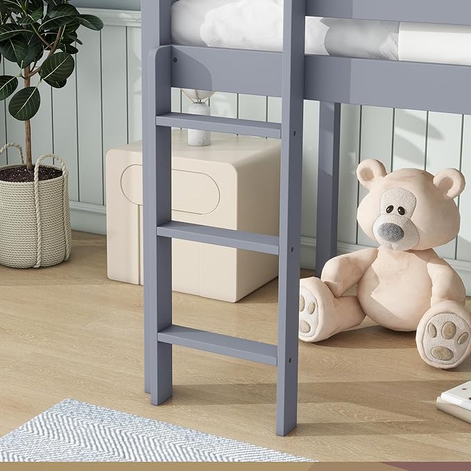 KEIKI Twin Size Low Loft Bed, Slide & Ladder, Guardrails, Rubber Wood, Grey