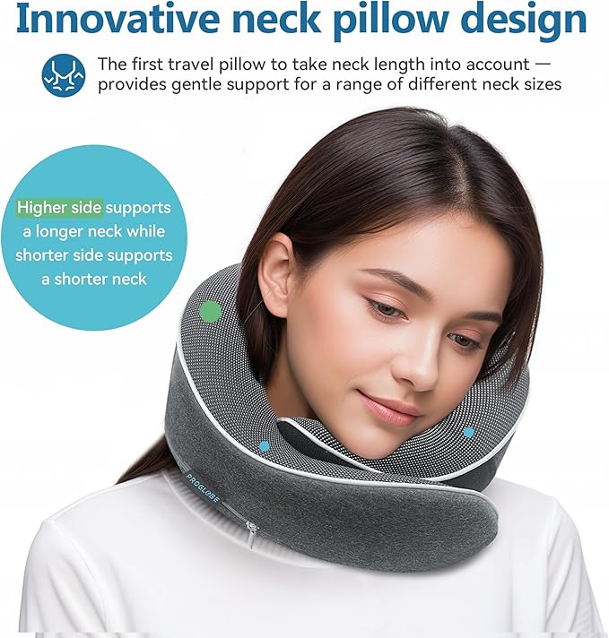 Proglobe Travel Neck Pillow 100% Memory Foam – Airplane & Car Travel Essentials Kit with 3D Eye Mask, Earplugs & Mesh Bag – Sleeping Support Pillow for Adults (Dark Grey)