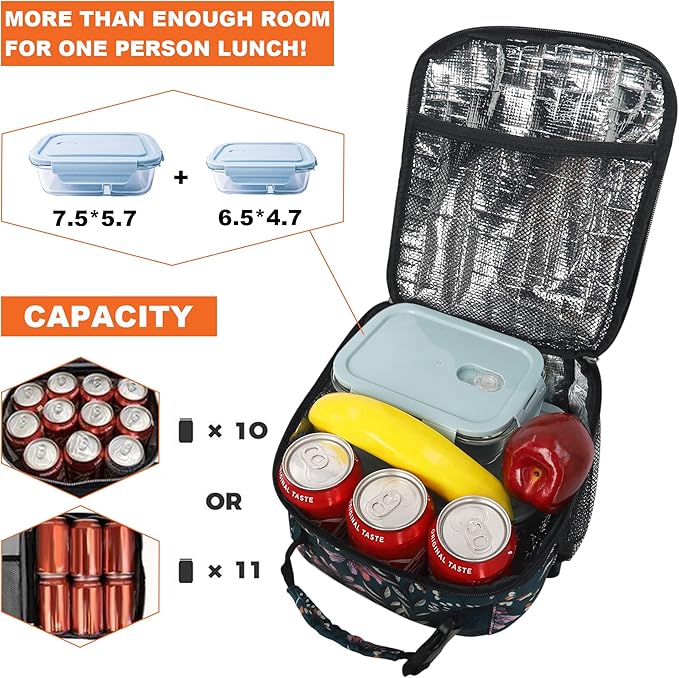 Lunch Box for Men Women Adults Small Lunch Bag for Office Work Picnic - Reusable Portable Lunchbox, Malachite Green Flower
