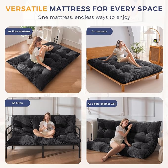 MAXYOYO Floor Mattress Full Size, 6" Chenille Japanese Futon Mattress Foldable Floor Bed for Adults Tufted Roll Up Floor Couch Bed, Tatami Mat Sleeping Pad for Living Room, Bedroom, Black