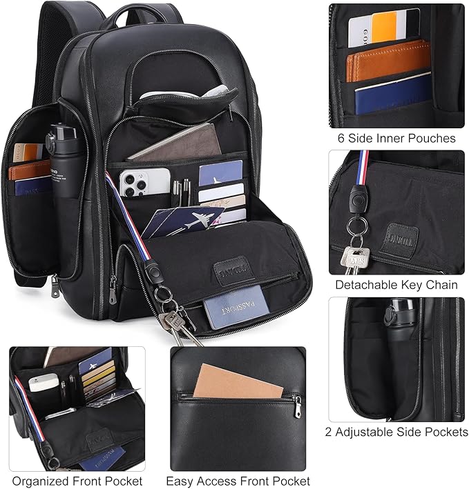 TIDING Men's Leather Laptop Backpack Fits 15.6 Inch Computer, TSA Approved & Water Resistant Work Daypack Business Travel Rucksack, Black