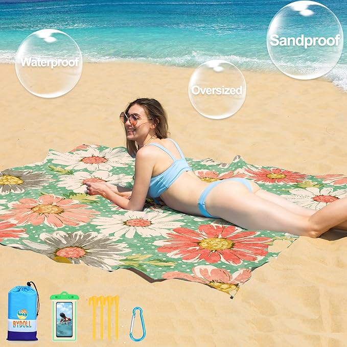 BYDOLL Beach Blanket Waterproof Sandproof Large 78''×81''/10'×9' Sand Free Oversized Sandless Picnic Mat Water Proof Packable Lightweight Blanket for Beach Camping Hiking Travel