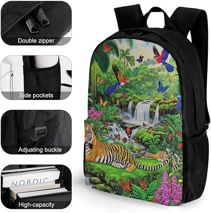 Supdreamc Shoulder Book Bags Anti-Theft Multipurpose Big Capacity Bookbag, King Of The Tiger Tropical Rainforest Landscape Jungle Parrot Birds Travel Hiking Backpack With Smooth Zippers
