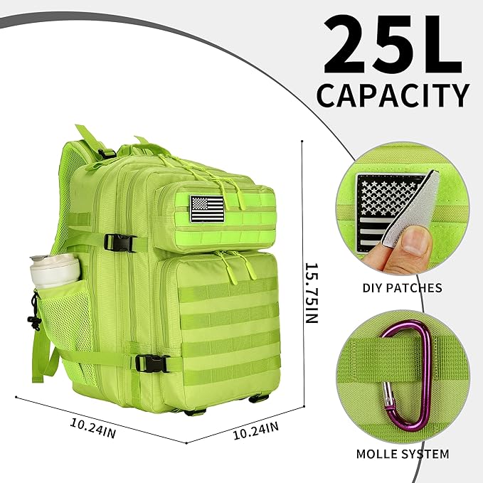 25L/45L Tactical Backpack Military Tactical Backpack Heavy Duty Molle Assault Pack for Work Gym Outdoors (1.0 25L-bright green, Small)