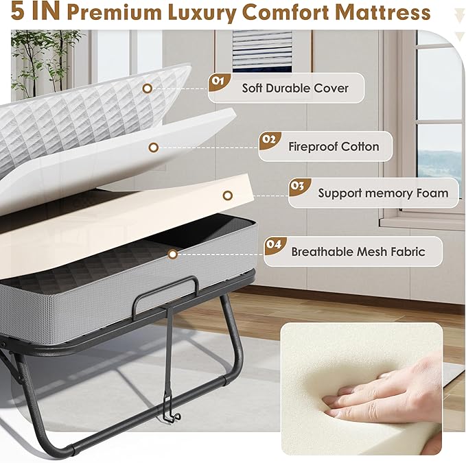 Bonusall Folding Bed with 5" Thick Memory Foam Mattress, Twin Size Rollaway Guest Bed for Adults, Sturdy Metal Frame Foldable Bed on Wheels, Portable Space-Saving Bed for Home & Office, 75" x 38" | 5" Memory Foam Base, 450 lbs Max Capacity, 360° Swivel...