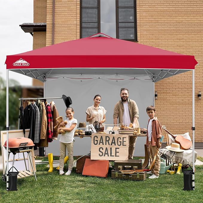 EAGLE PEAK Pop Up Canopy Tent with 1 Sidewall, Easy Setup Event Tent, Outdoor Sun Shade, Wheeled Carry Bag, Stakes and Guy Ropes, Instant Canopy 10x10, Red