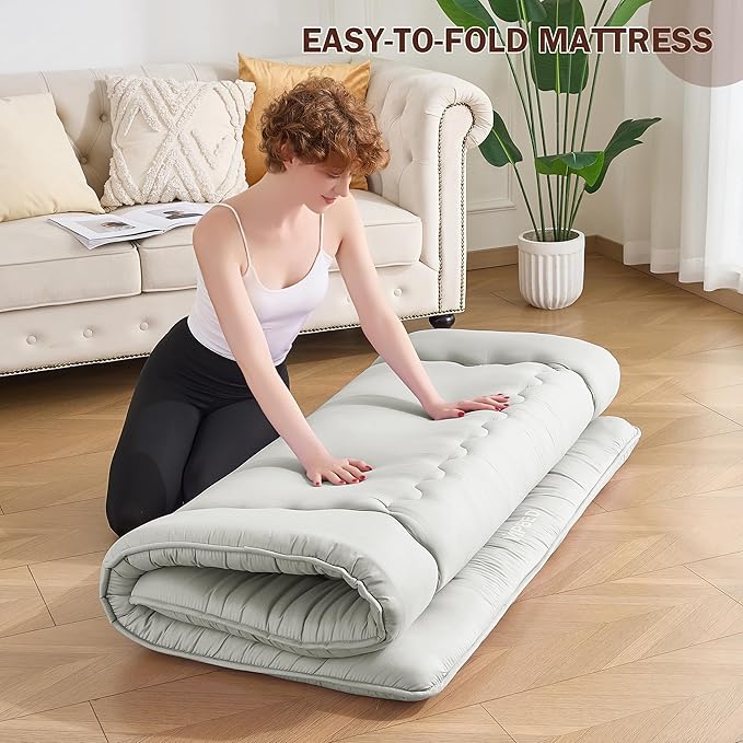 Japanese Floor Futon Mattress Queen Size, 4" Thicken Foldable Mattress Tatami Mat Sleeping Pad, 25D Foam Filled Traditional Shiki Futon (shikibuton), Designed in Japan (Light Grey 60"x 80")